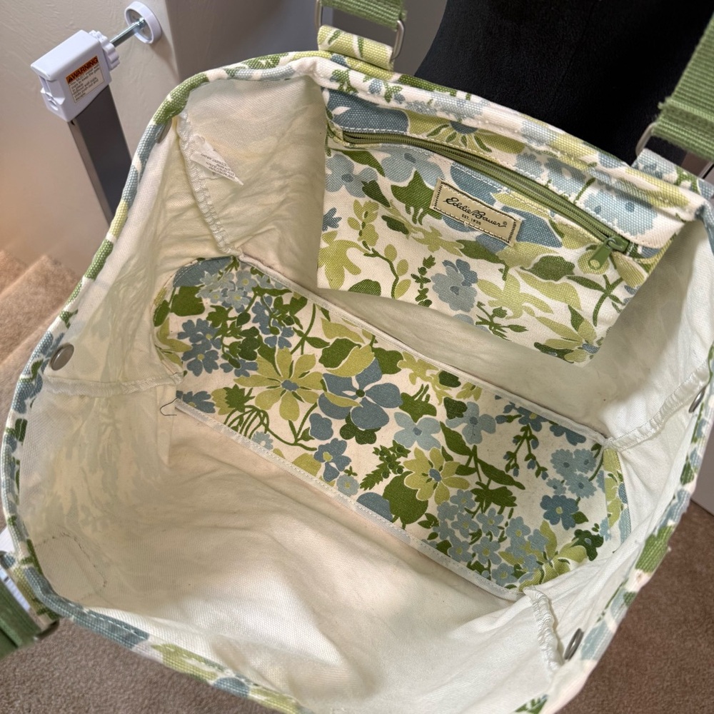 Vintage Eddie Bauer Large‎ Canvas Tote Bag Green Blue Floral Pastel Adjustable - Picture 6 of 8